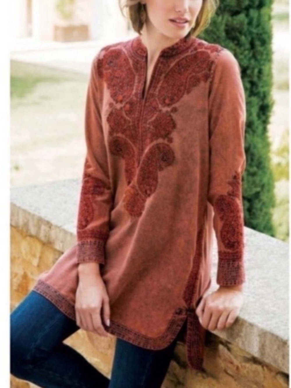 Soft Surroundings Spice Market Tunic Top Large Burnt Orange Acid Wash Boho